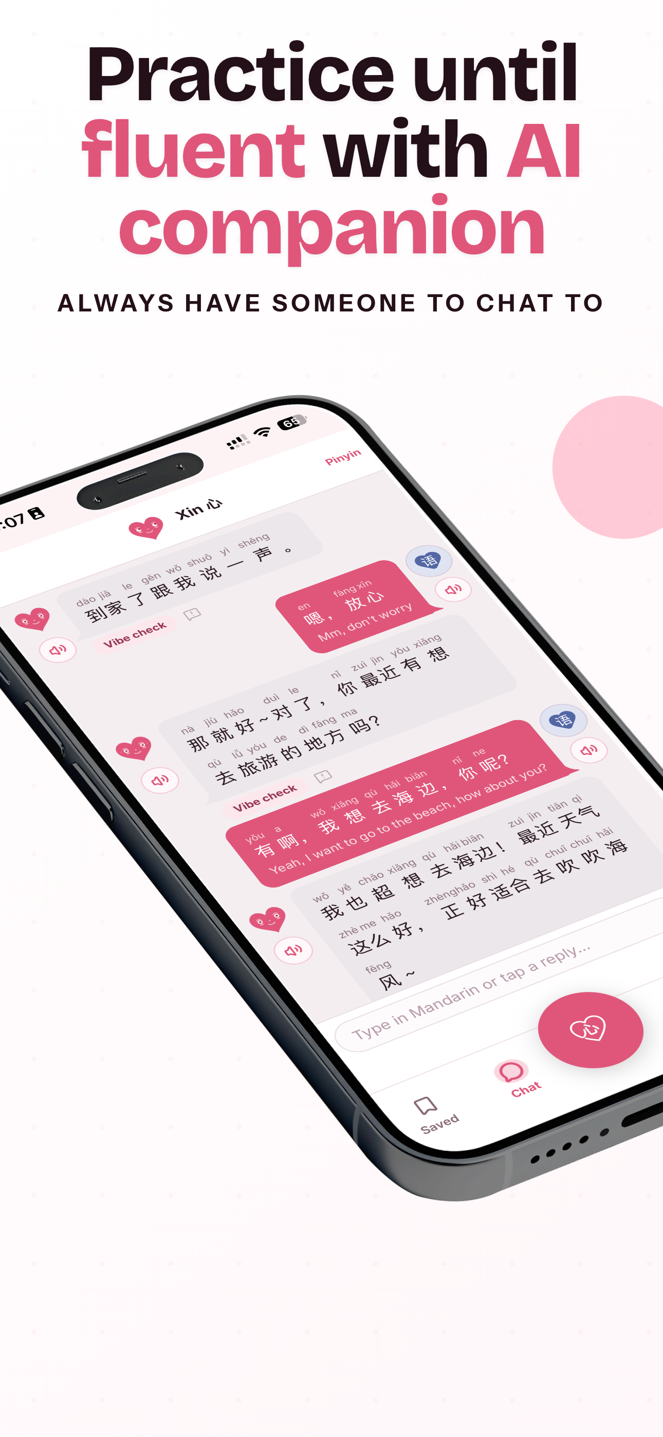 Practising a Mandarin chat with the Xin companion, including a vibe check and reply suggestions