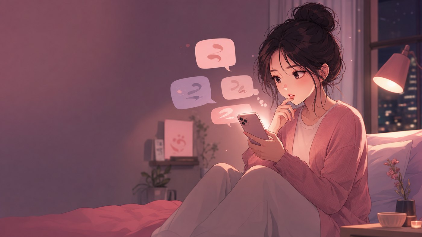 Anime-style illustration of reading a Chinese message at night