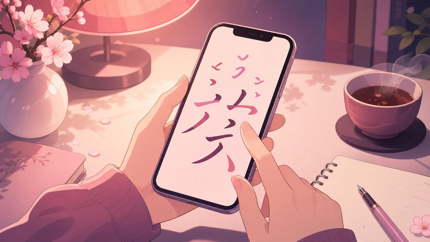 Anime-style illustration of pinyin-style reading support on a phone