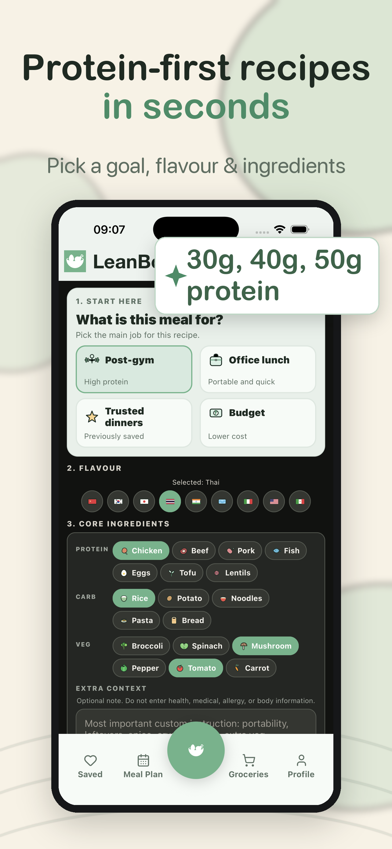 LeanBowl app screen showing high-protein meal creation